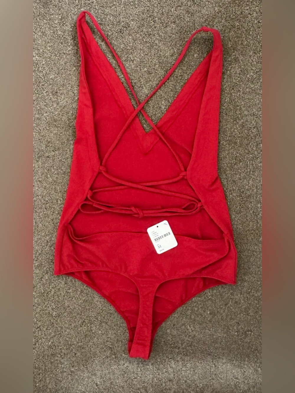 Free People Bright Red Ribbed Top with Tag Detail